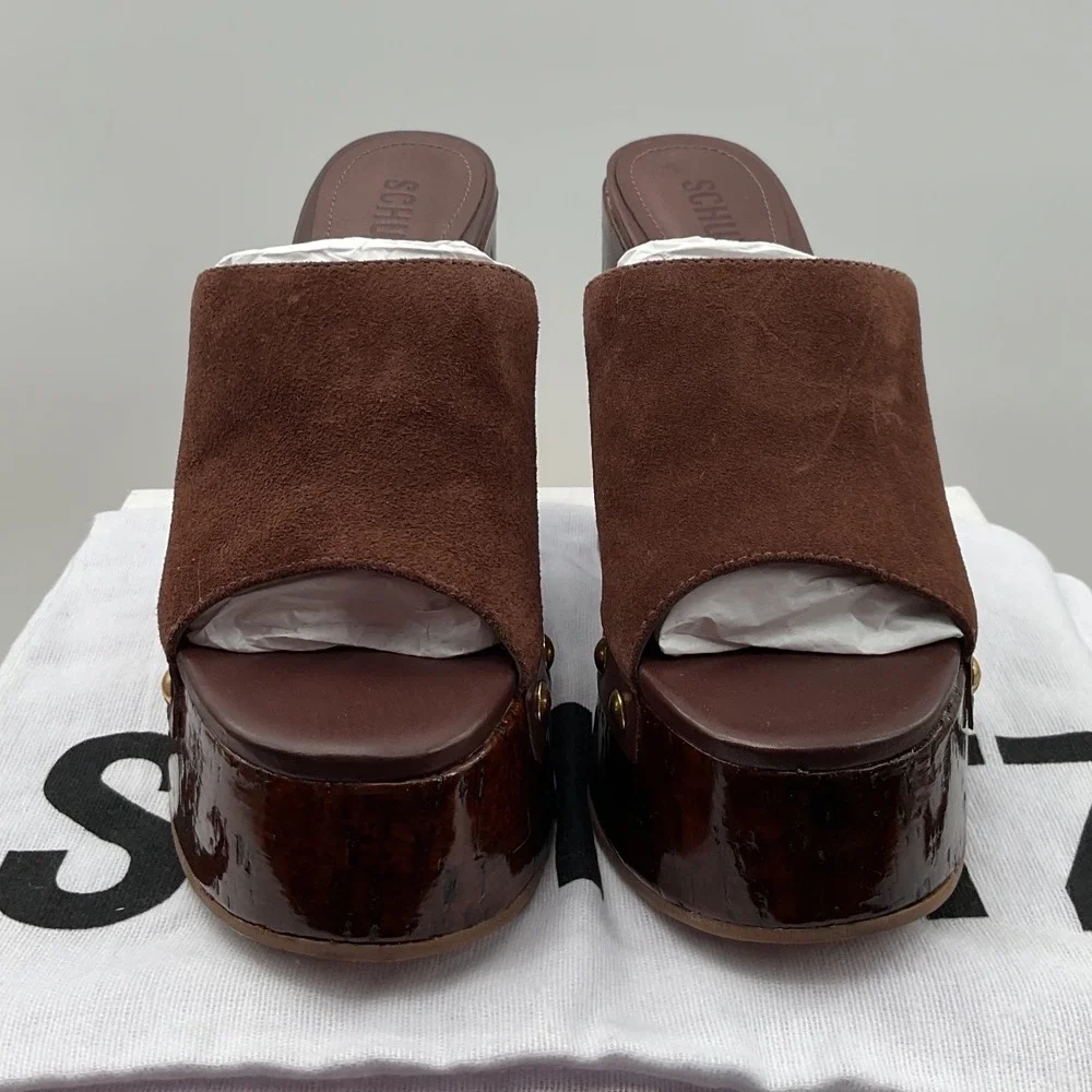Schutz Brown Suede Platform Wedge Mules Studded Wood Grain Sandals Womens